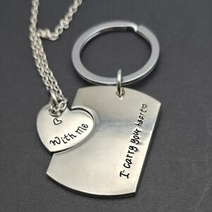 Silver Heart Pendant Necklace And Keychain Set